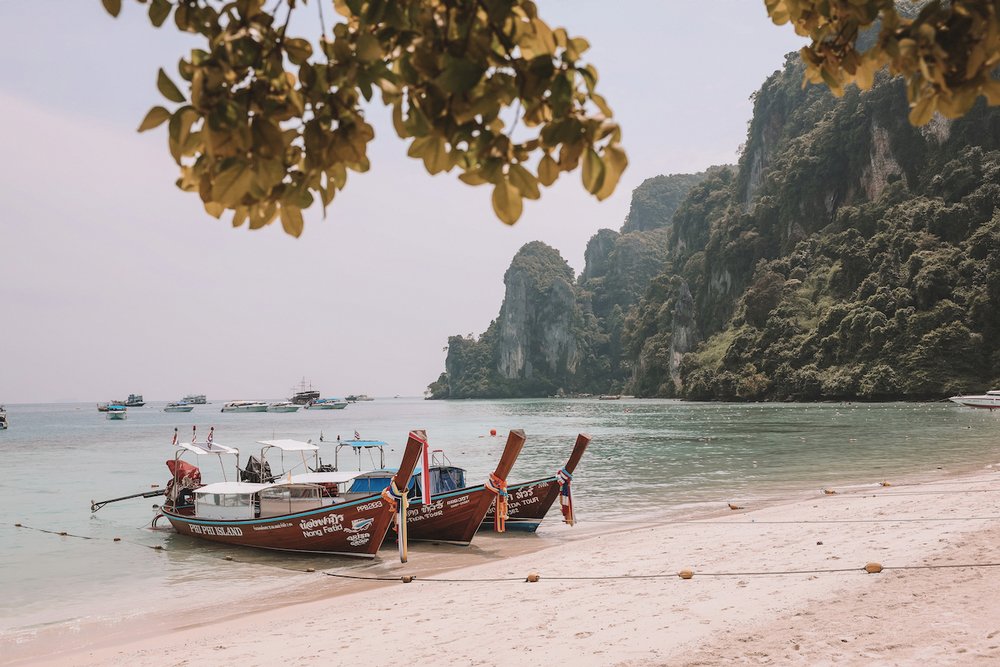 The boats anchored on Koh Phi Phi's main beach - Maya Bay Day Trip - Krabi - Thailand