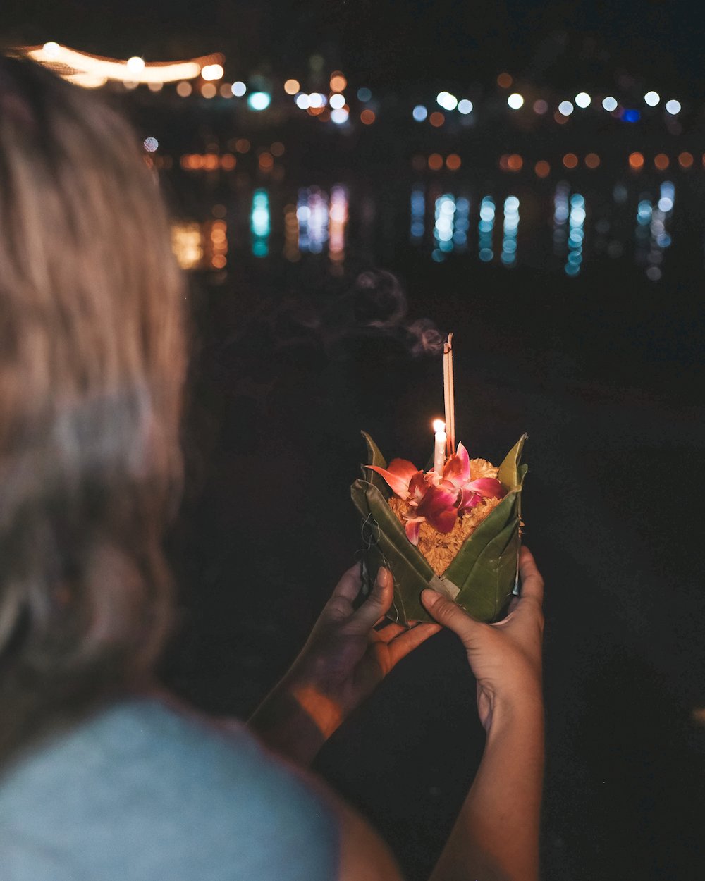 Releasing my krathong on the river during Loy Krathong 2022 - Chiang Mai - Northern Thailand