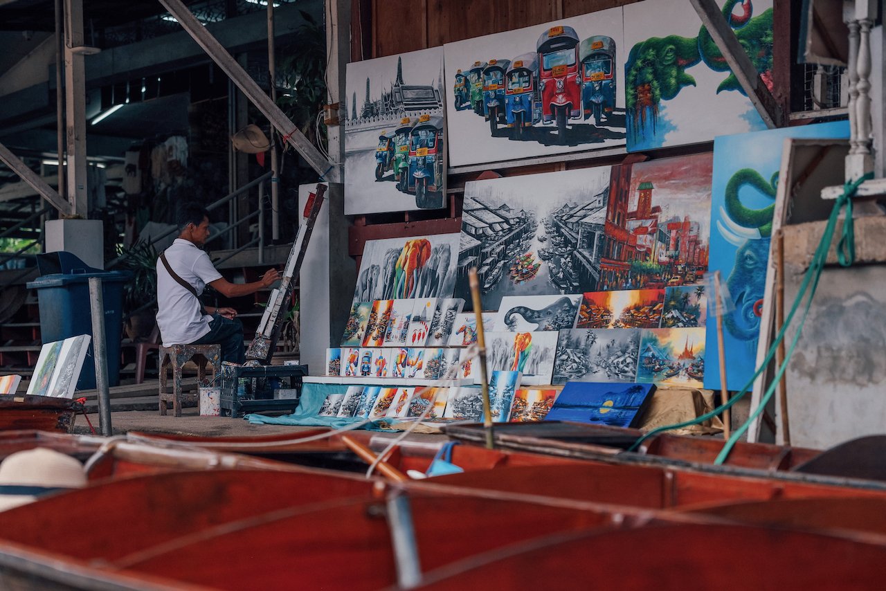 Un artiste peintre - Marché flottant de Damnoen Saduak - Bangkok - Thaïlande