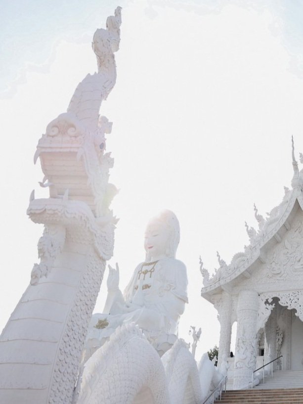 White dragon and the woman big buddha in the background - Big Buddha (Wat Huay Pla Kang) - Chiang Rai - Northern Thailand