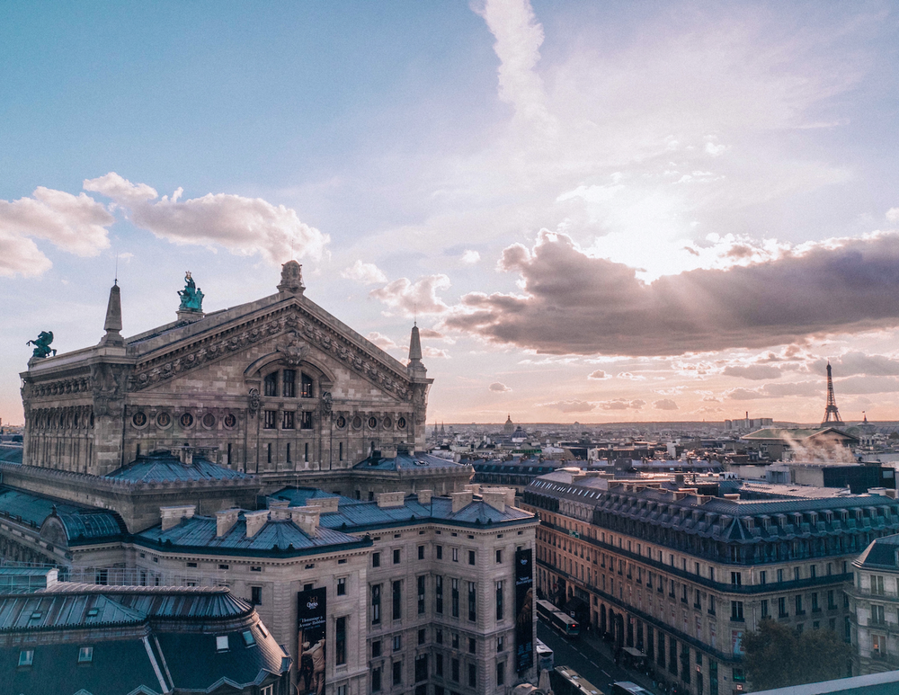 Panoramic sunset view on Lafayette Galeries rooftop - Paris - France