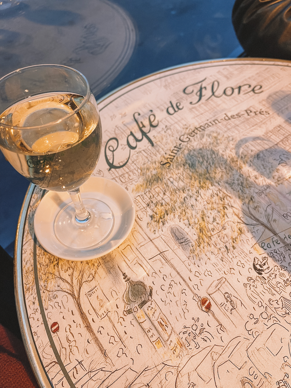 Cafe de Flore table cover with glass of wine - Paris - France