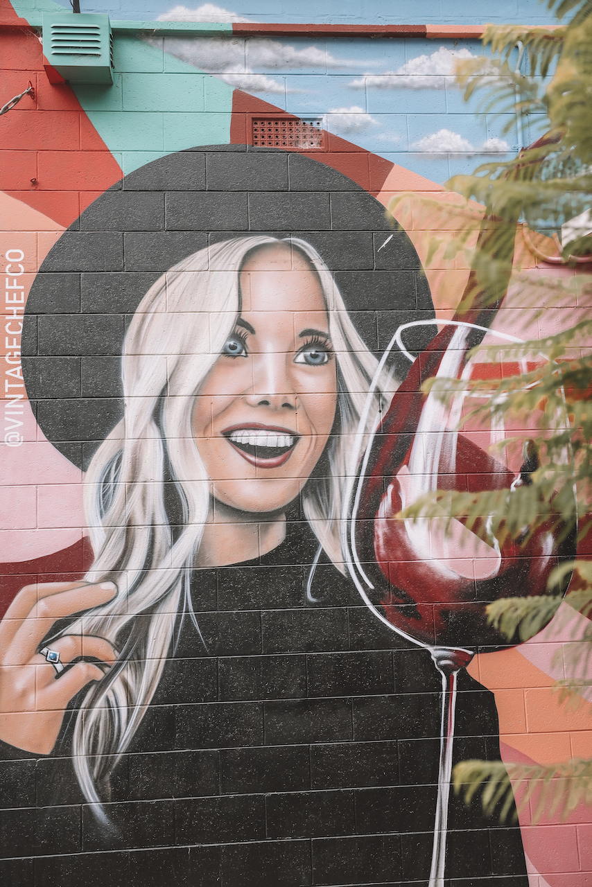 Mural of blond girl drinking red wine - Chateau Yaldara - Barossa Valley - South Australia (SA) - Australia