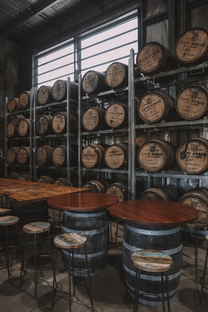 Indoors tasting area with wooden barrels - Cape Byron Distillery - Byron Bay - New South Wales - Australia