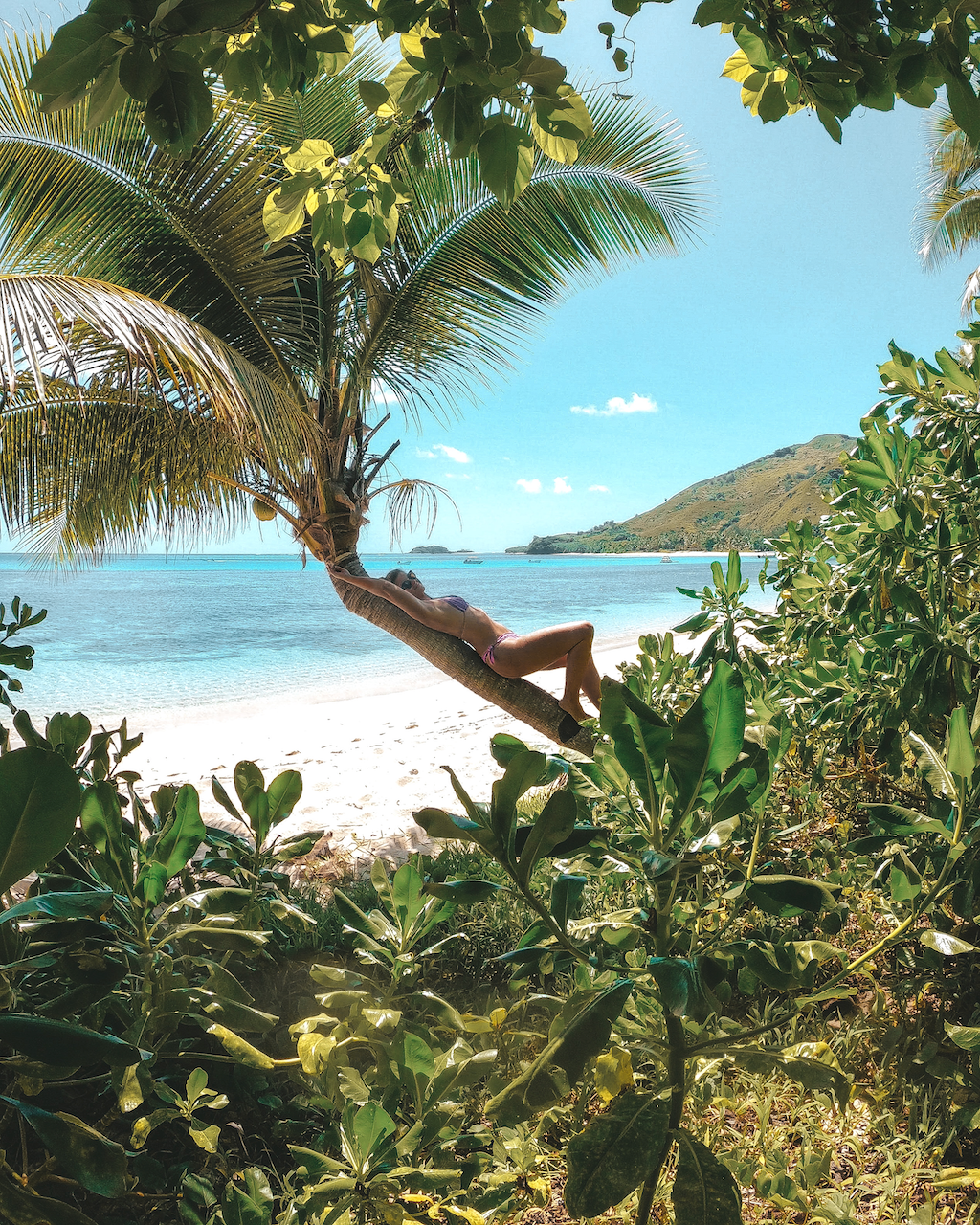 Woman leaning on palm tree - Blue Lagoon Beach Resort - Nacula Island - Yasawa Islands - Fiji