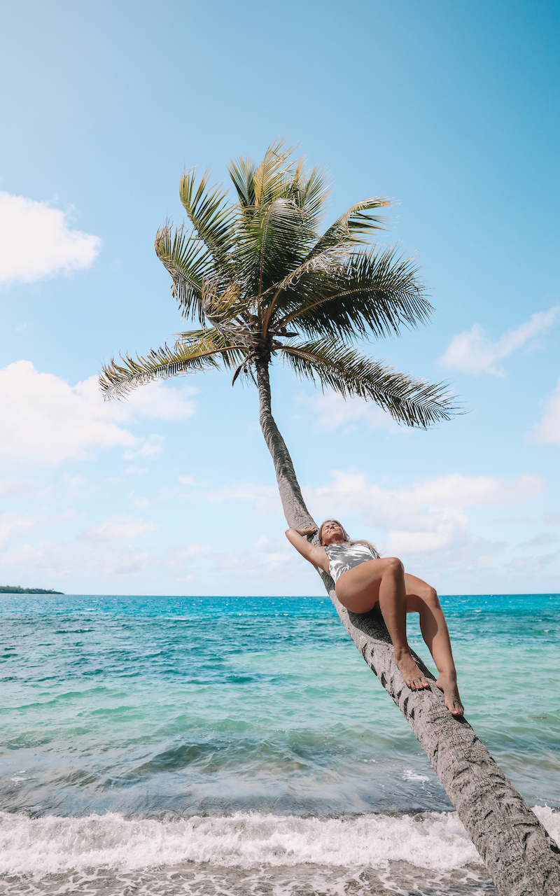 Girl resting on a leaning palm tree in front of the beach in Thuvu Bay - Barefoot Manta Resort - Yasawa Islands - Fiji