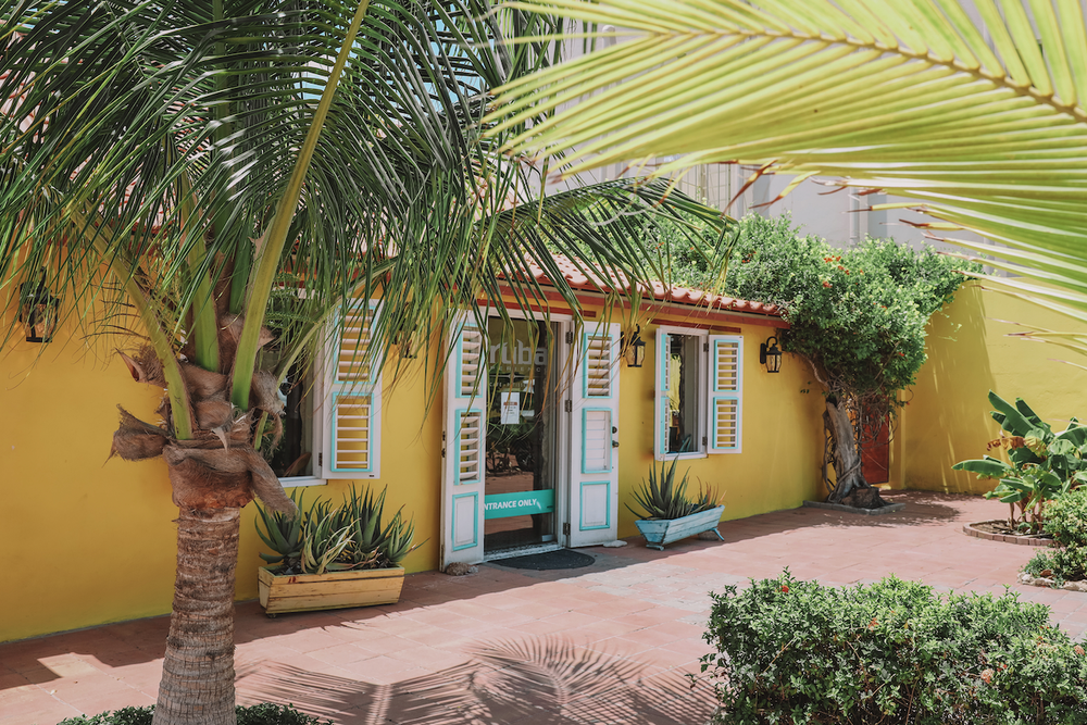 The yellow entrance of Experience Cafe - Aruba - ABC Islands
