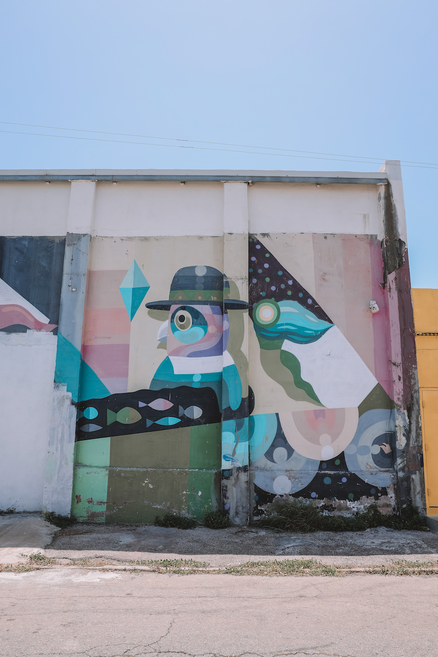 Murale d'un oiseau avec un chapeau à San Nicolas - Aruba - Îles ABC - Caraïbes