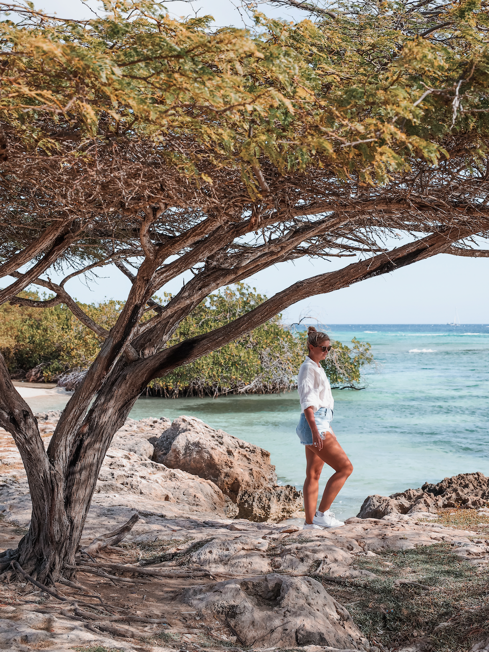 Prendre la pose devant la plage de Santo Largo - Aruba - Îles ABC - Caraïbes