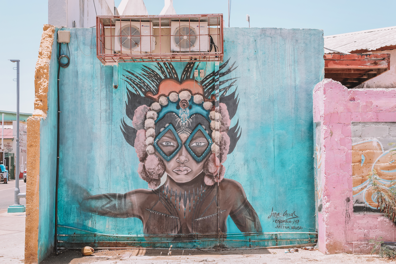 Aboriginal person wearing headpiece graffiti in San Nicolas - Aruba - ABC Islands