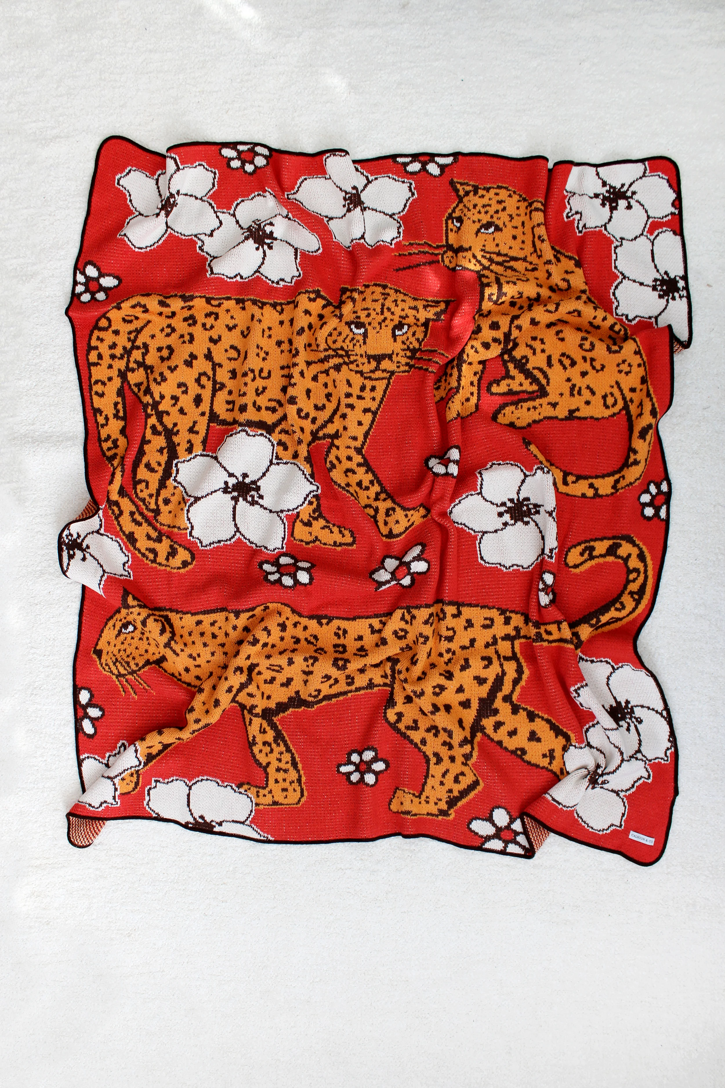 Leopards Flowers Red Gold Blanket by Calhoun &amp; Co. Brooklyn NY