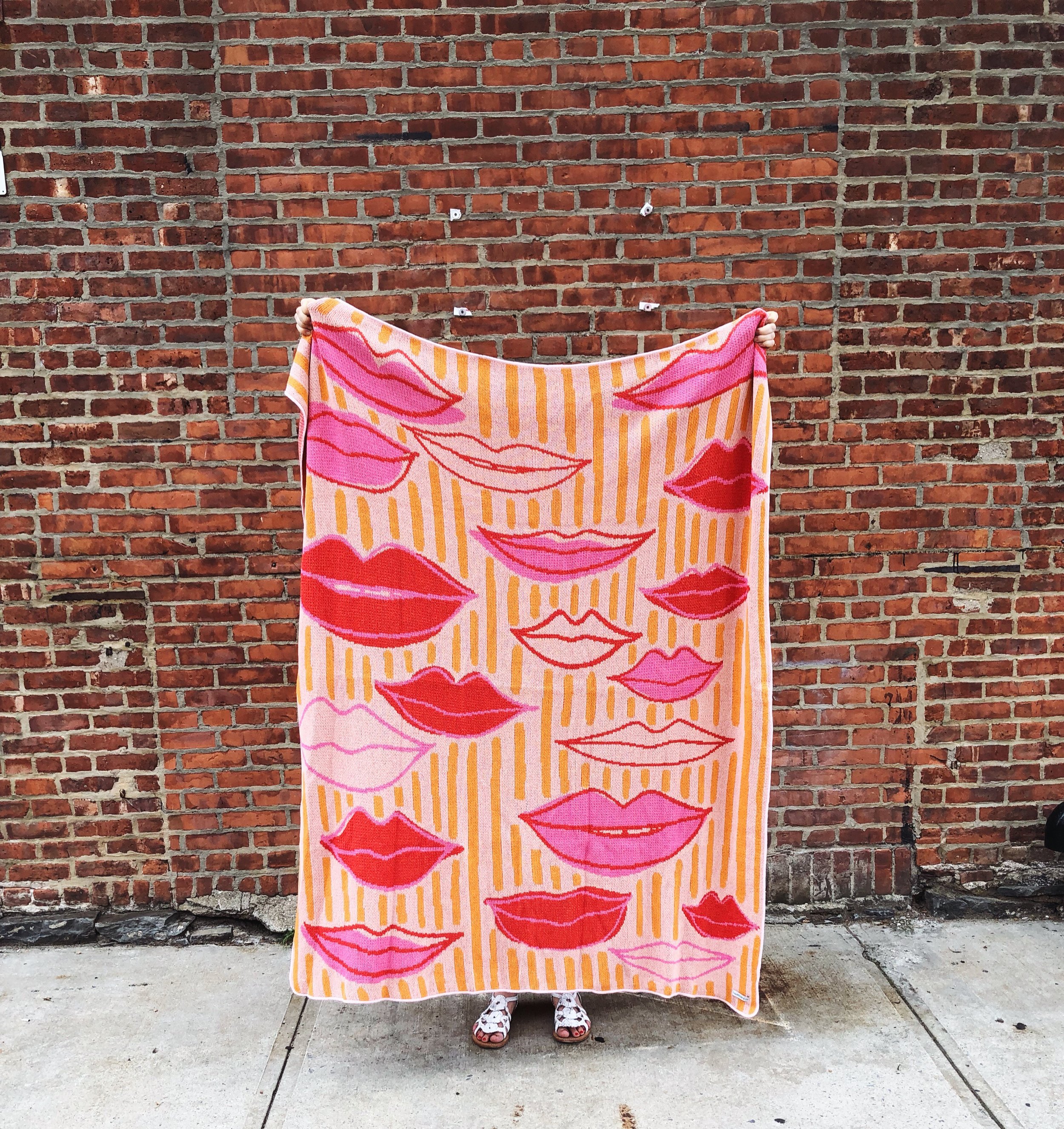 Lips Kisses and Stripes Pink Blanket by Calhoun &amp; Co. Gifts and Home Decor New York City