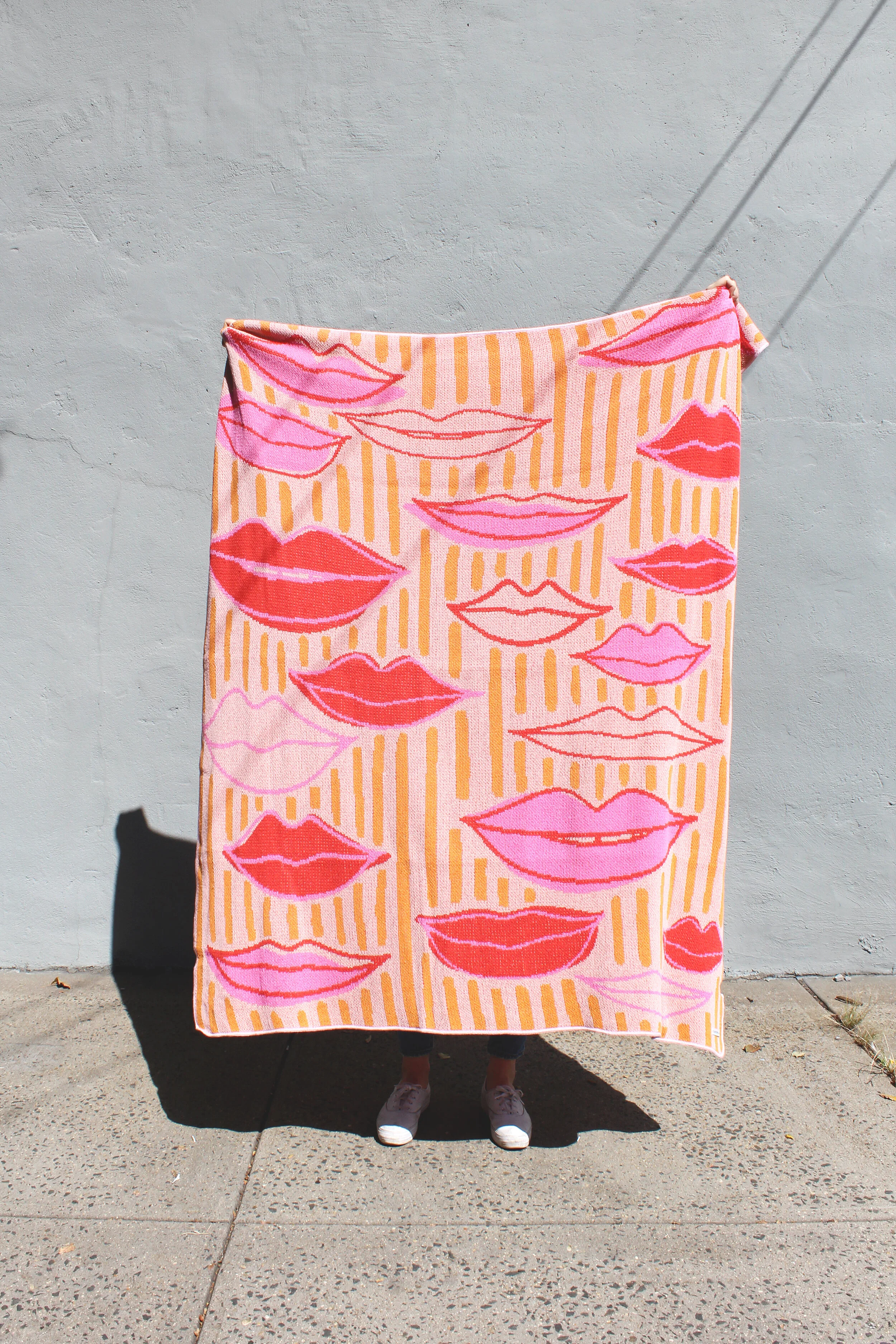 Lips Kisses and Stripes Pink and Yellow Blanket by Calhoun &amp; Co. Bedroom Decor Brooklyn, Los Angeles, Nashville, Chicago