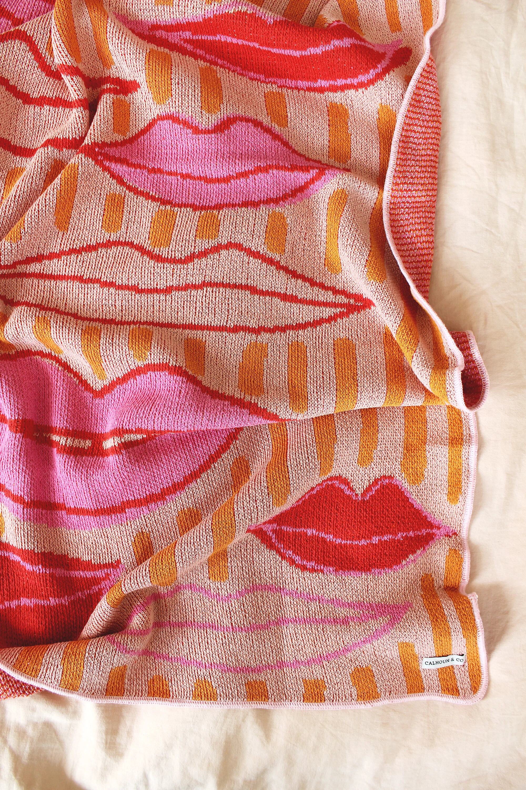 Lips Kisses and Stripes Pink and Yellow Blanket by Calhoun &amp; Co. Girl Bedroom Decor
