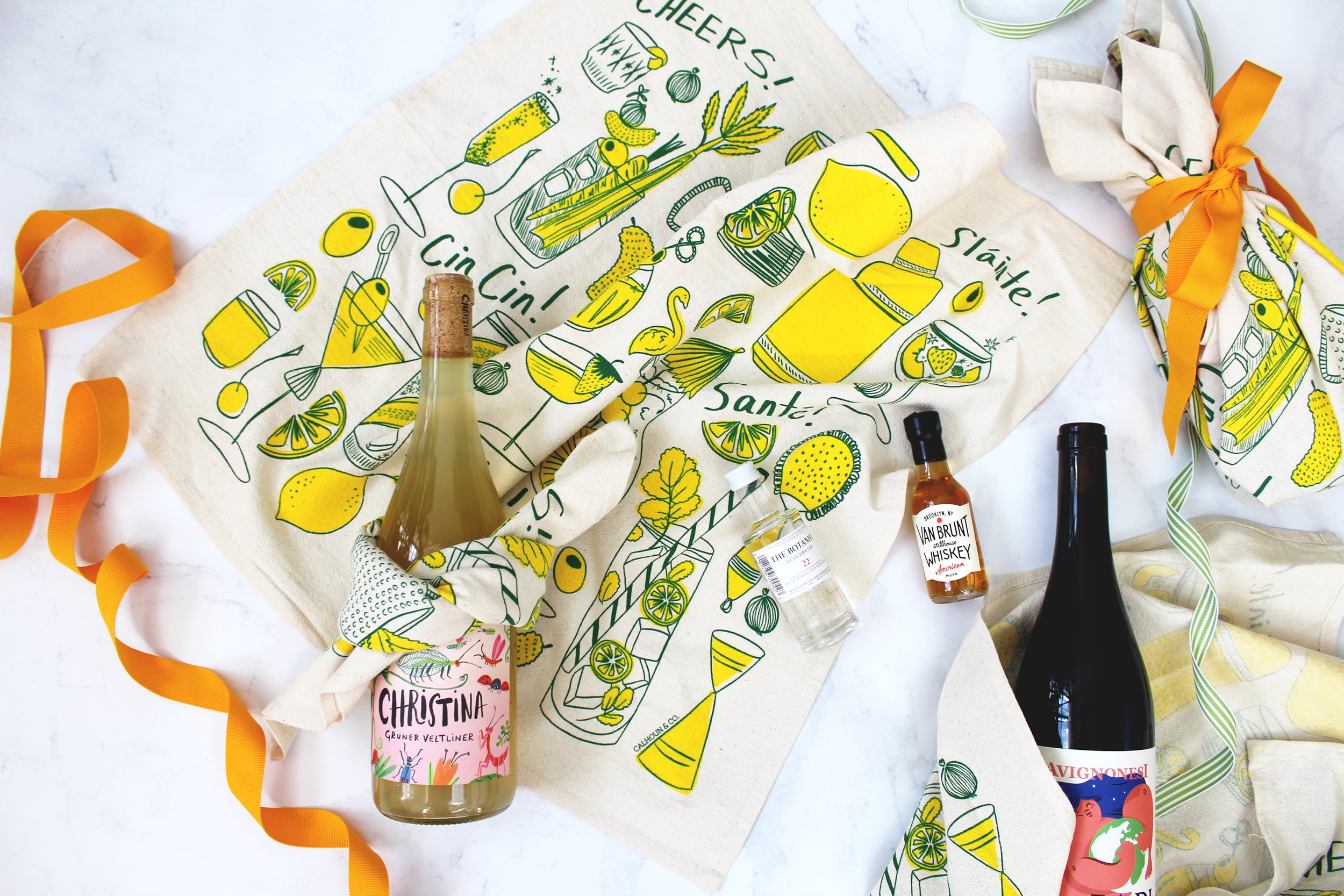 Reusable Gift Wrap - Printed Cocktails Cheers tea Towels by Calhoun &amp; Co. - Gifts for Host