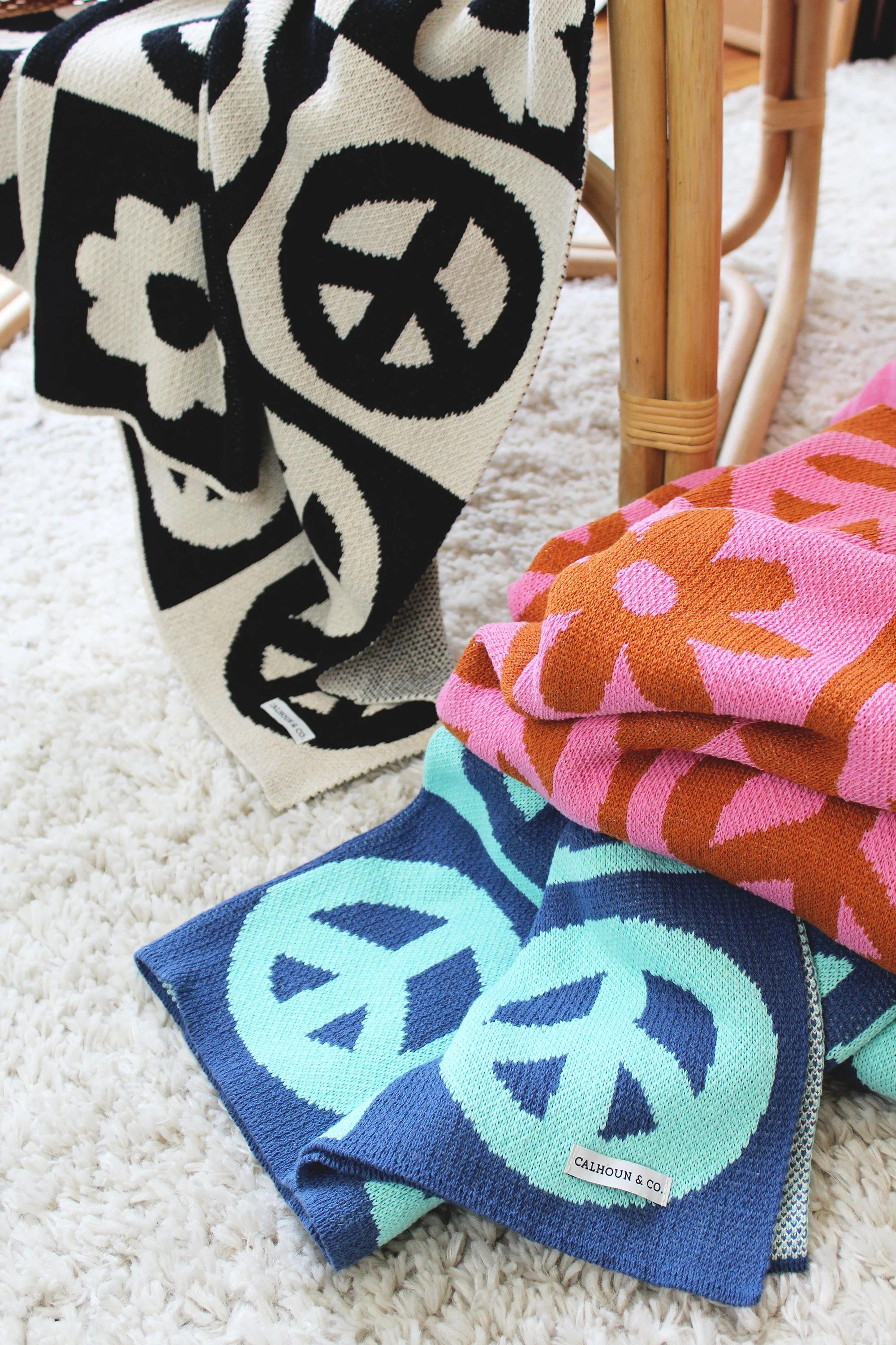 Peace Sign Blanket by Calhoun & Co. Checkered Peace Flower Knit Throw Blanket NYC Home Decor Teal Blue Dorm Room