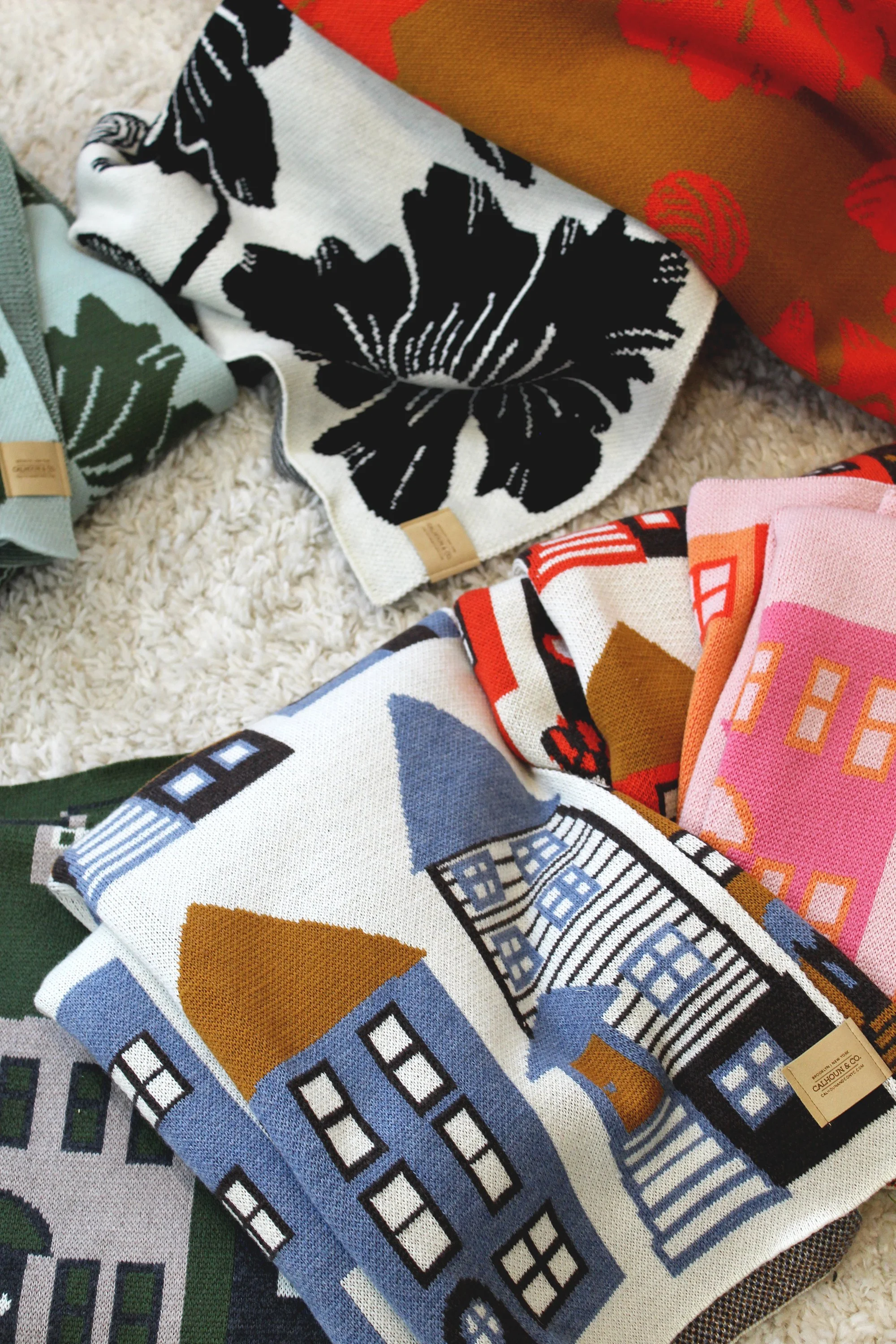 Bright Pink Wool Blanket with Neighborhood Print Sunset Colors by Calhoun & Co. Brooklyn New York