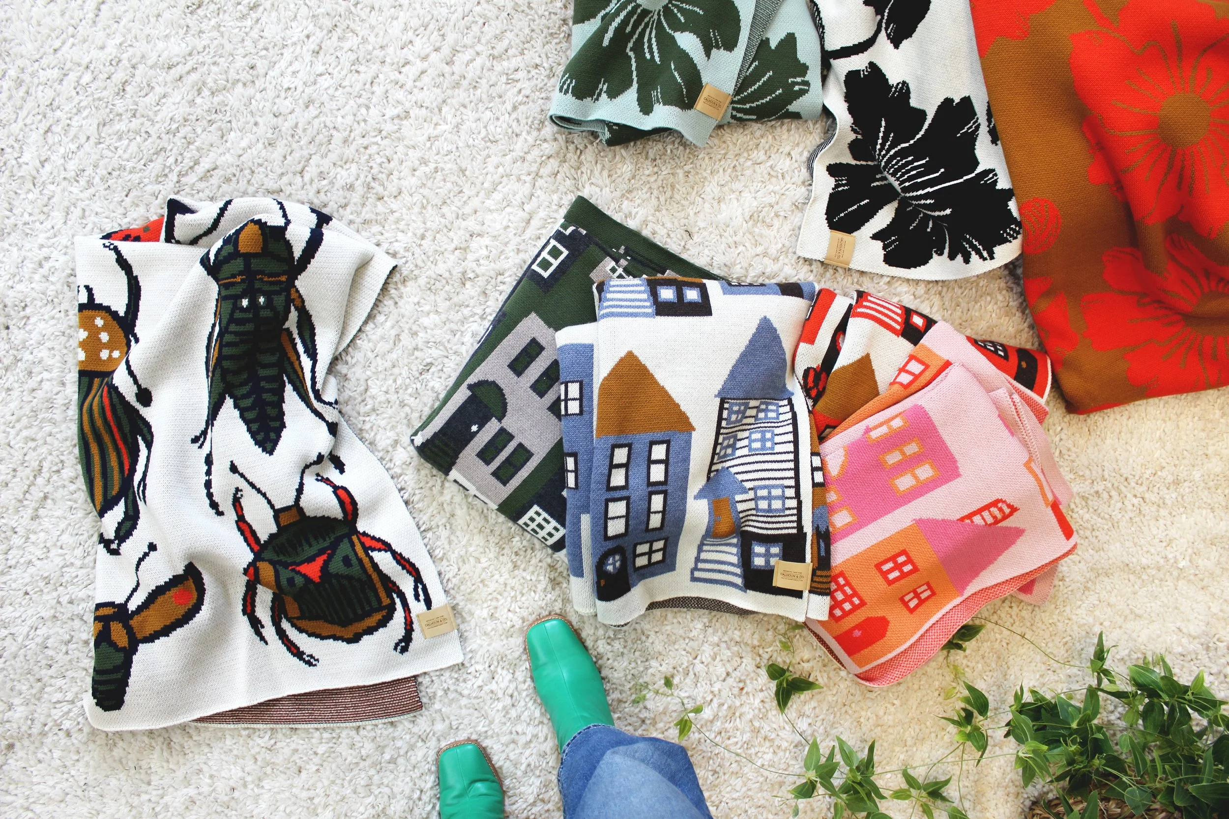 Green Wool Blanket with Neighborhood Print by Calhoun & Co.