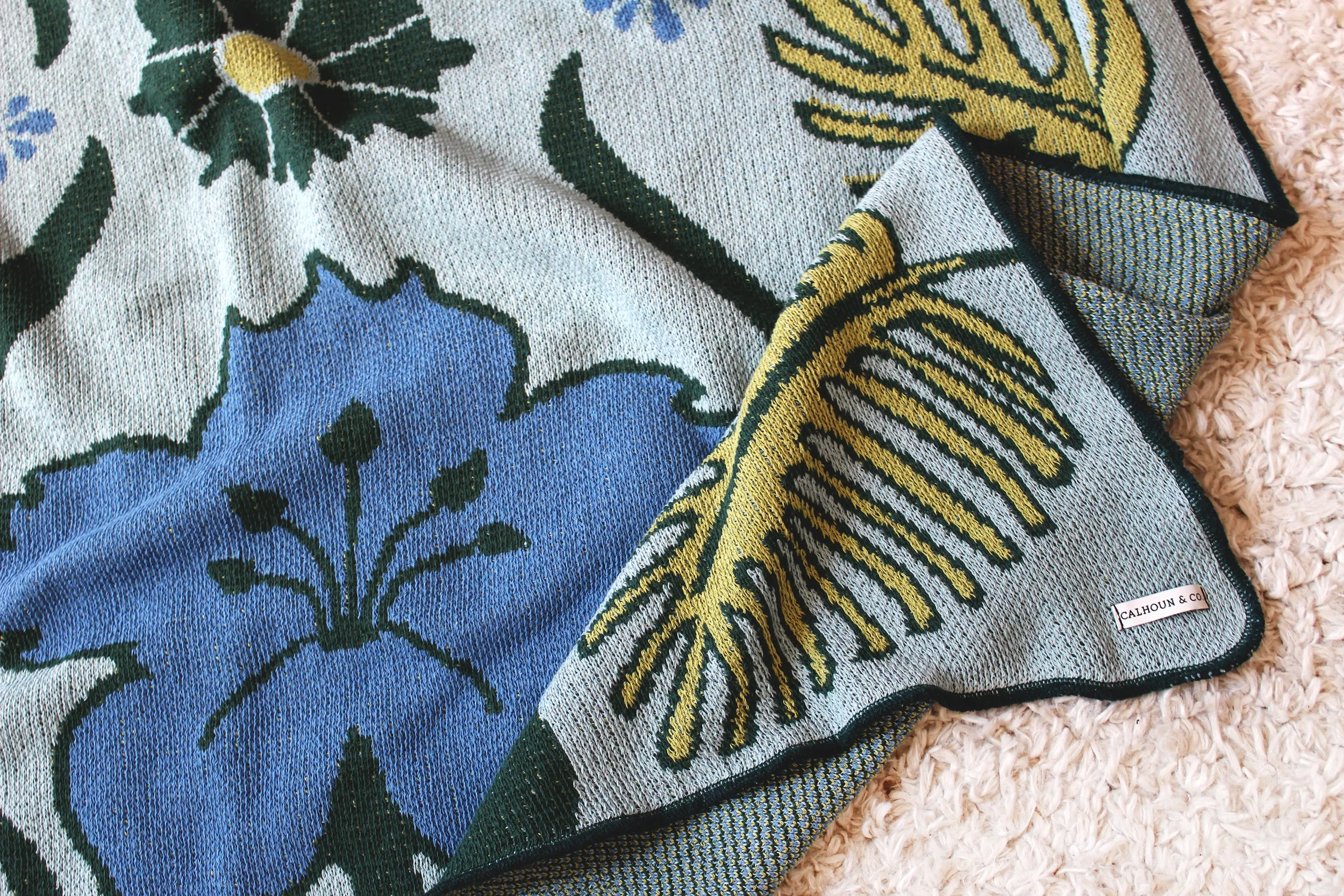 Tropical Art Decor Blue Floral Blanket by Calhoun & Co. Palm Leaf Boho Unique Home Decor