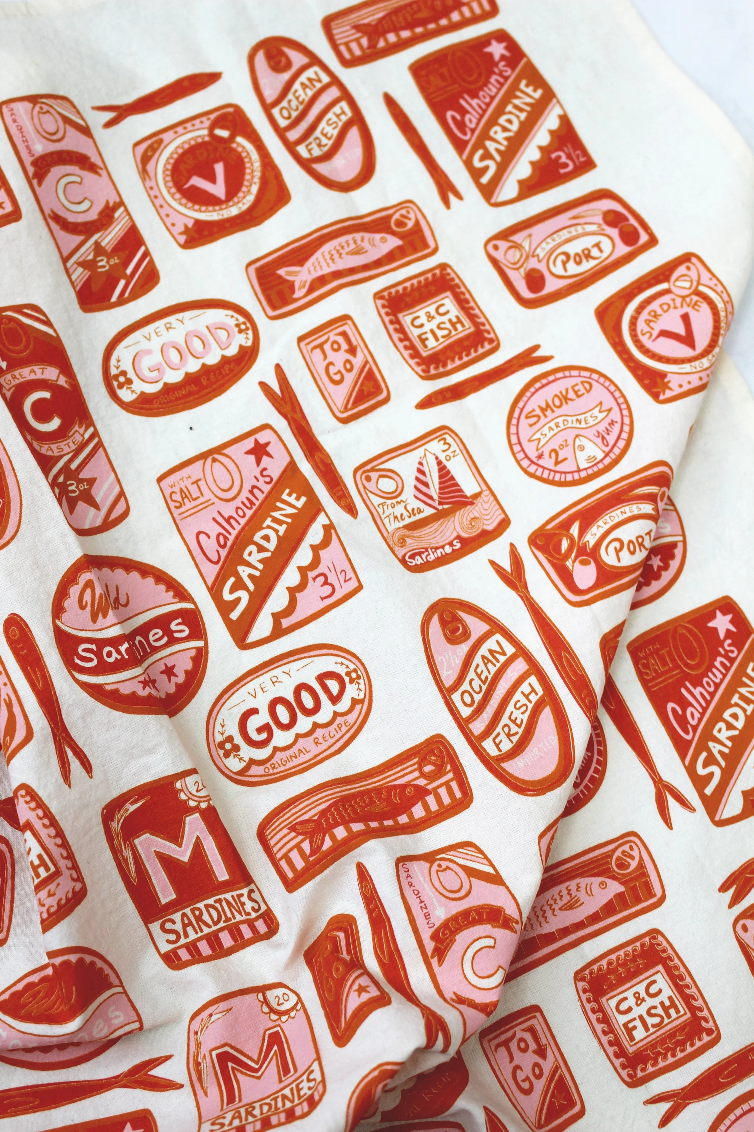 Sardines Mediterranean Pink Red Tea Towel IMG_5387.JPG