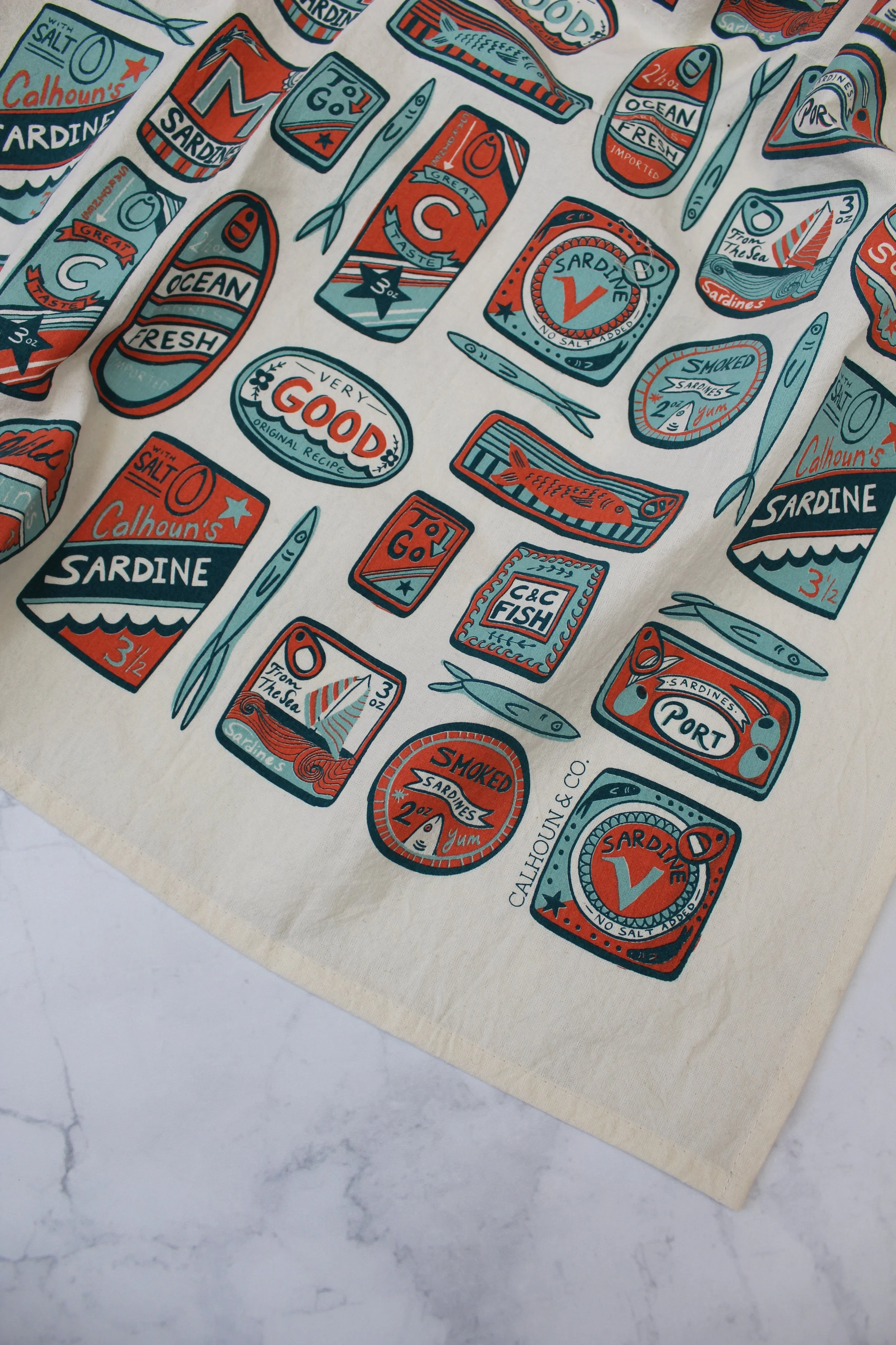 Sardines Atlantic Blue Teal Red Tea Towel IMG_5391.JPG