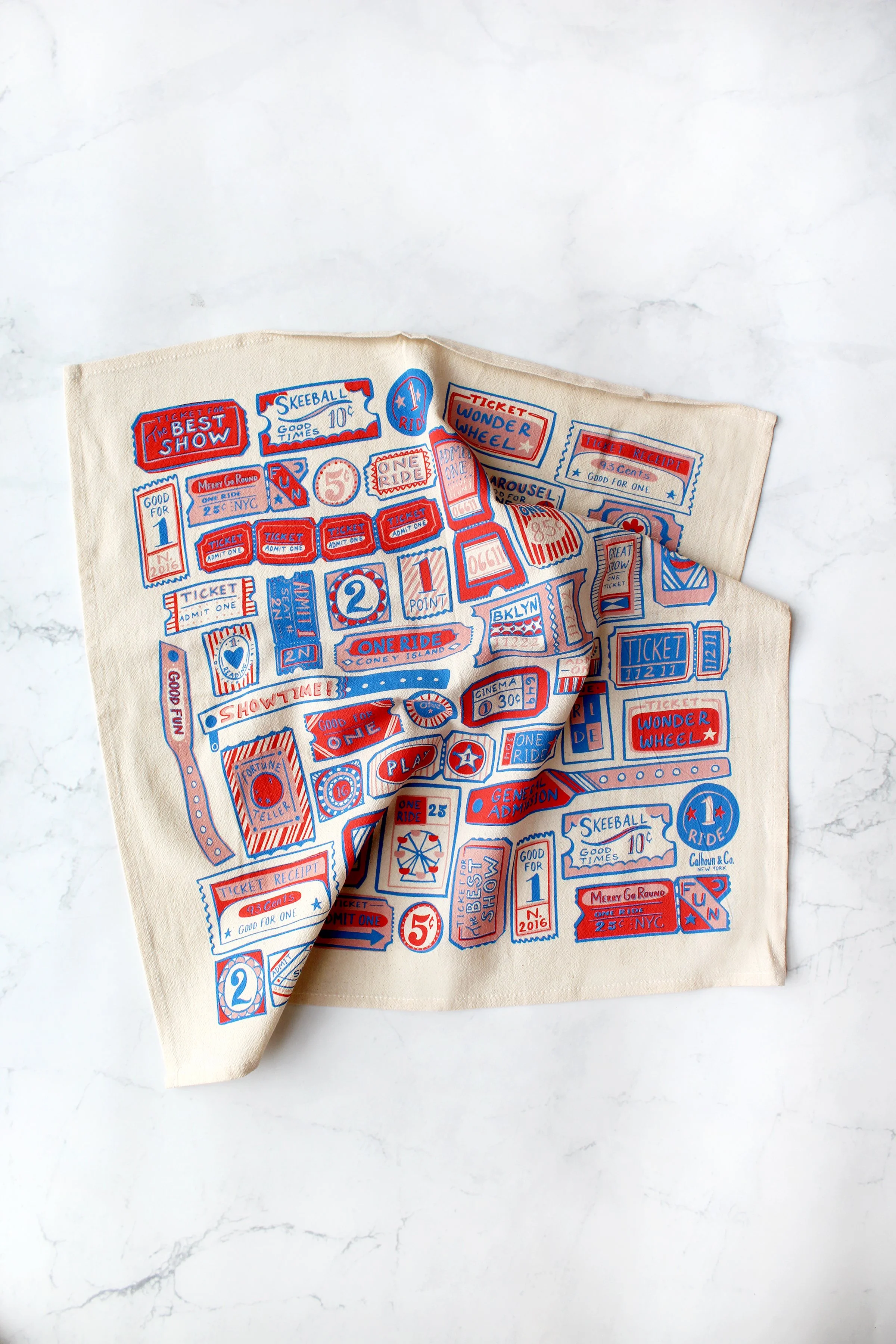 Admit One Ticket Stub Tea Towel by Calhoun & Co. Brooklyn NY Coney Island Vintage Carnival Circus Theme