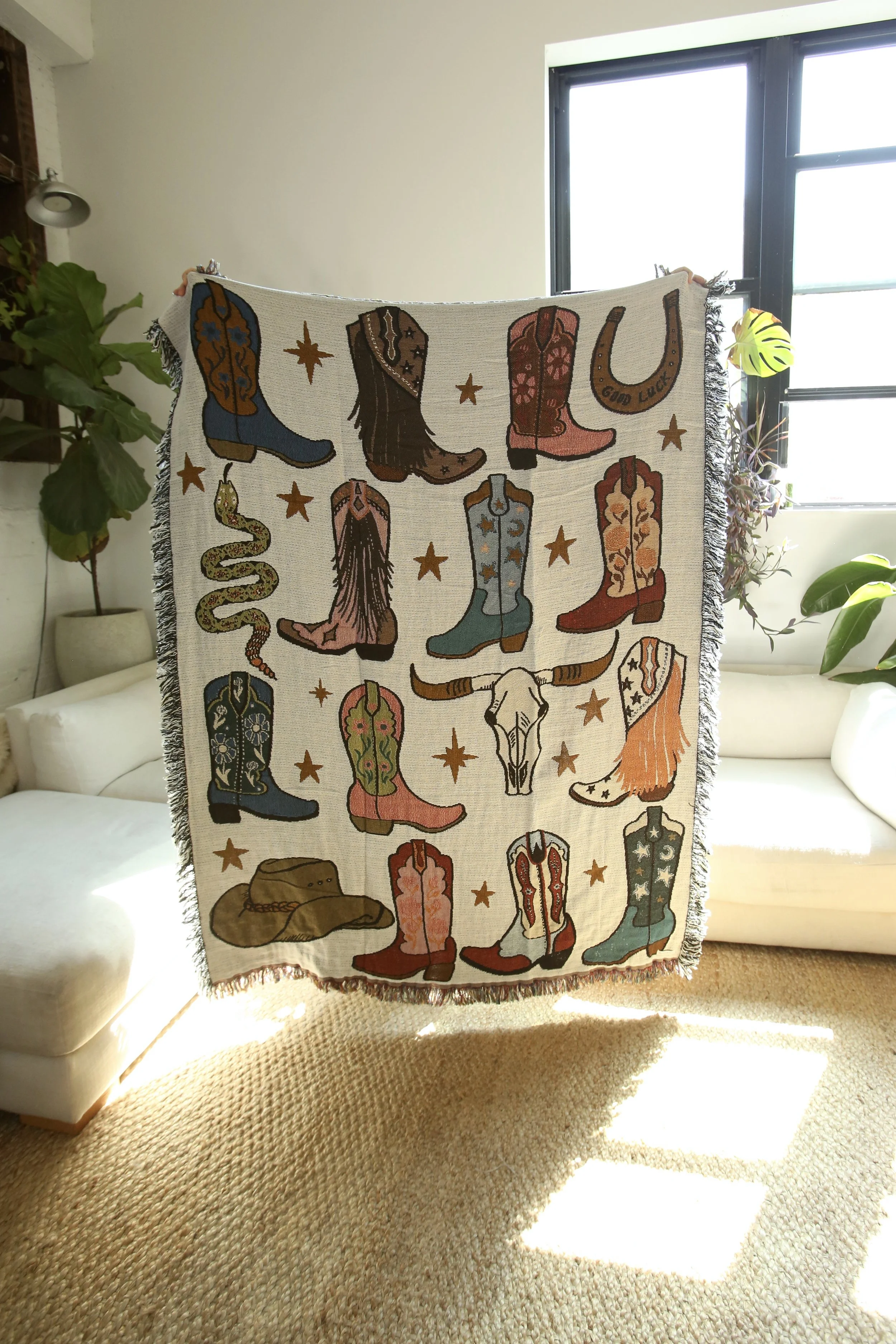 Cowgirl Boots Western Print Tapestry Blanket by Calhoun & Co. Snake Cowboy Boots Skull