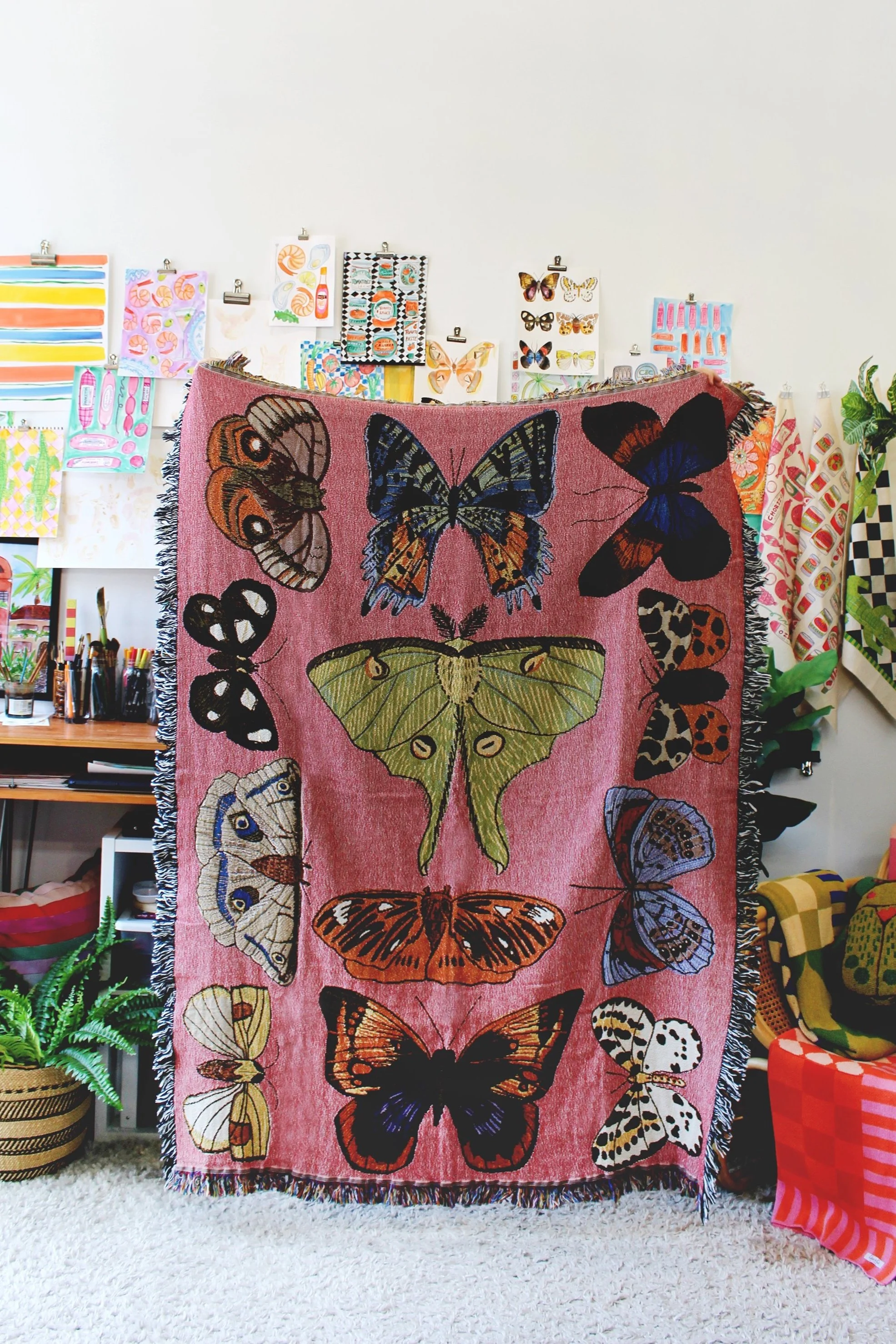 Moth Still Life Pink Tapestry Blanket