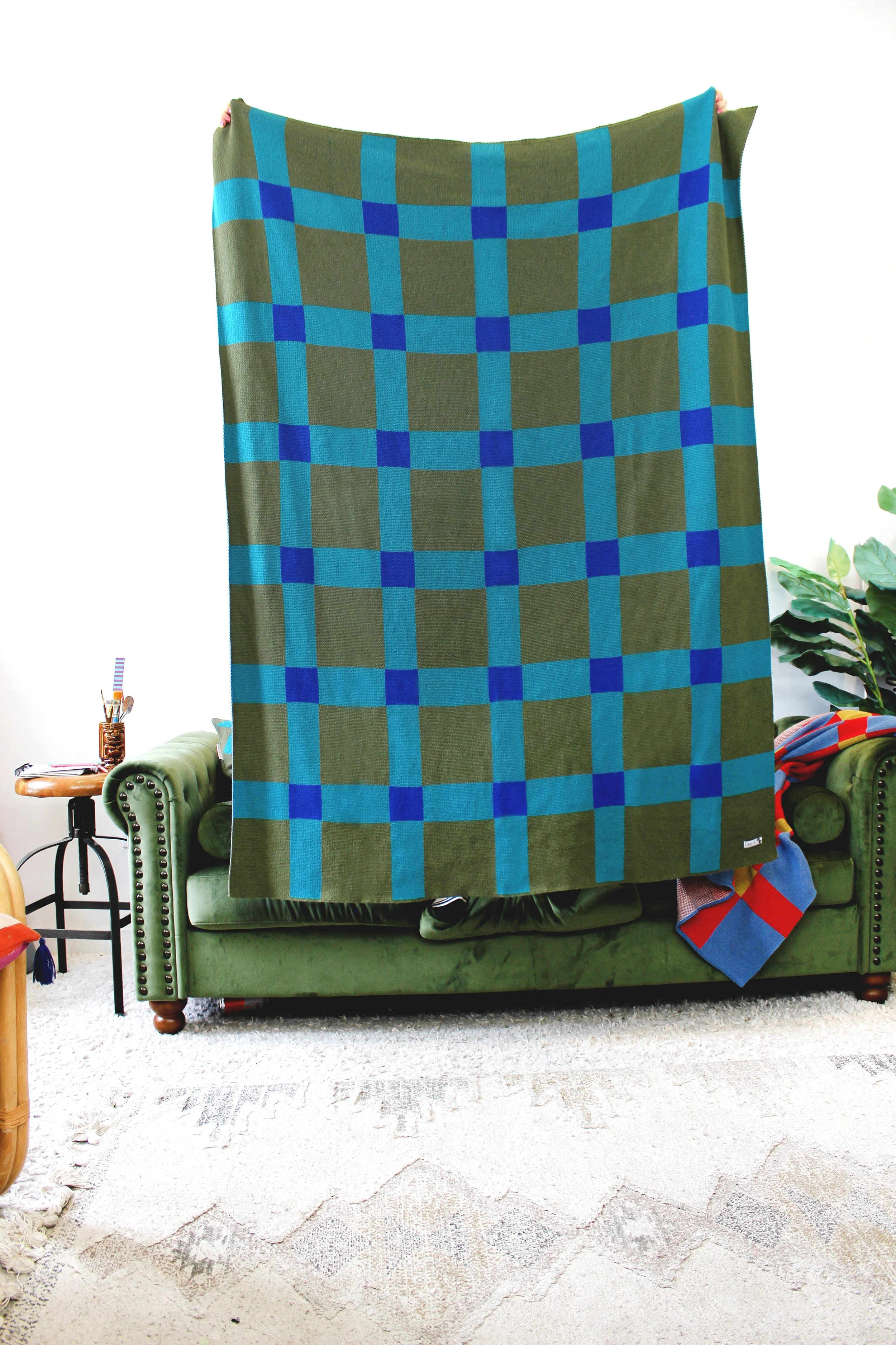 Knit blanket -GINGHAM KNIT BLANKET in Blue Olive IMG_2687.JPG