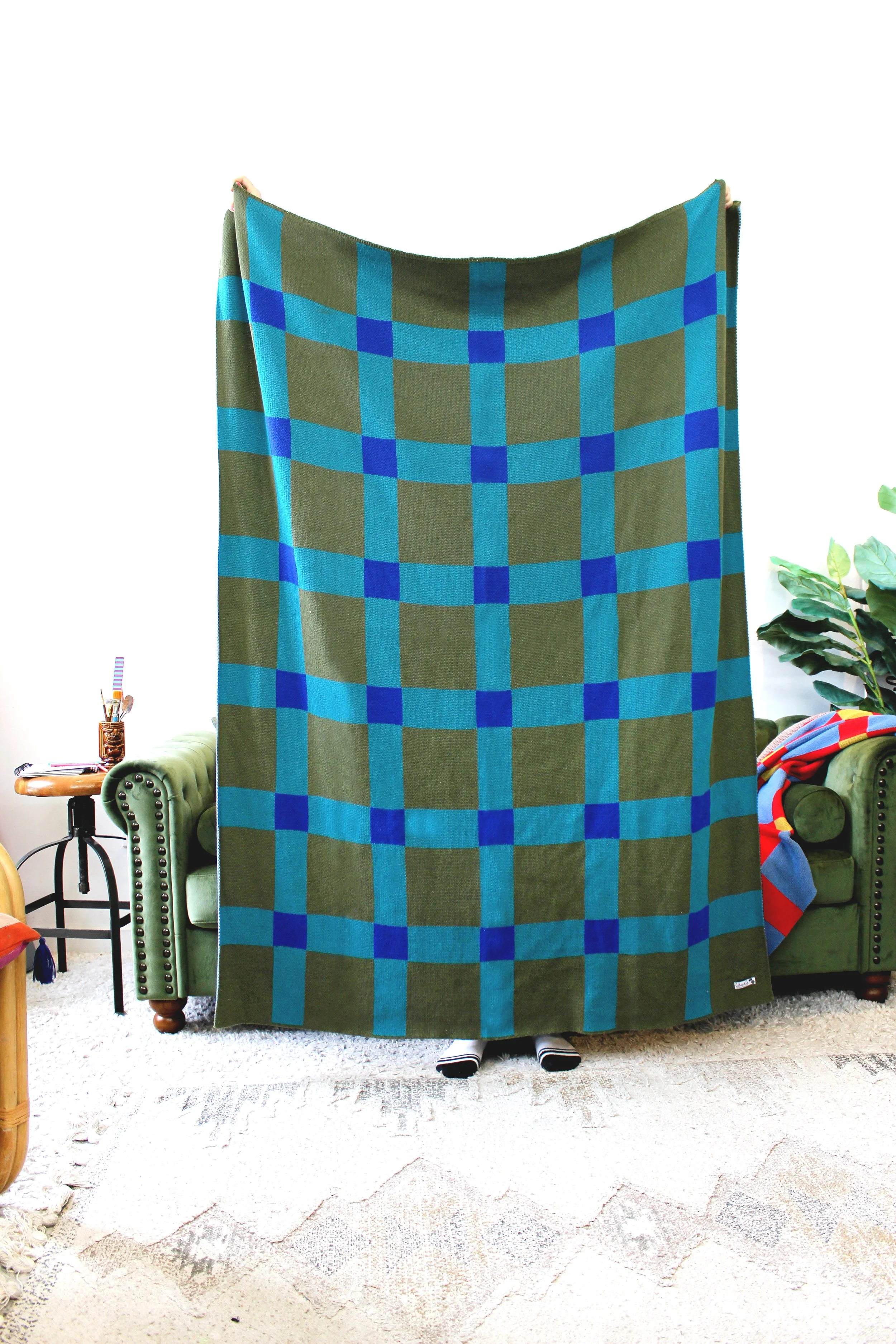Knit blanket -GINGHAM KNIT BLANKET in Blue Olive IMG_2695.JPG