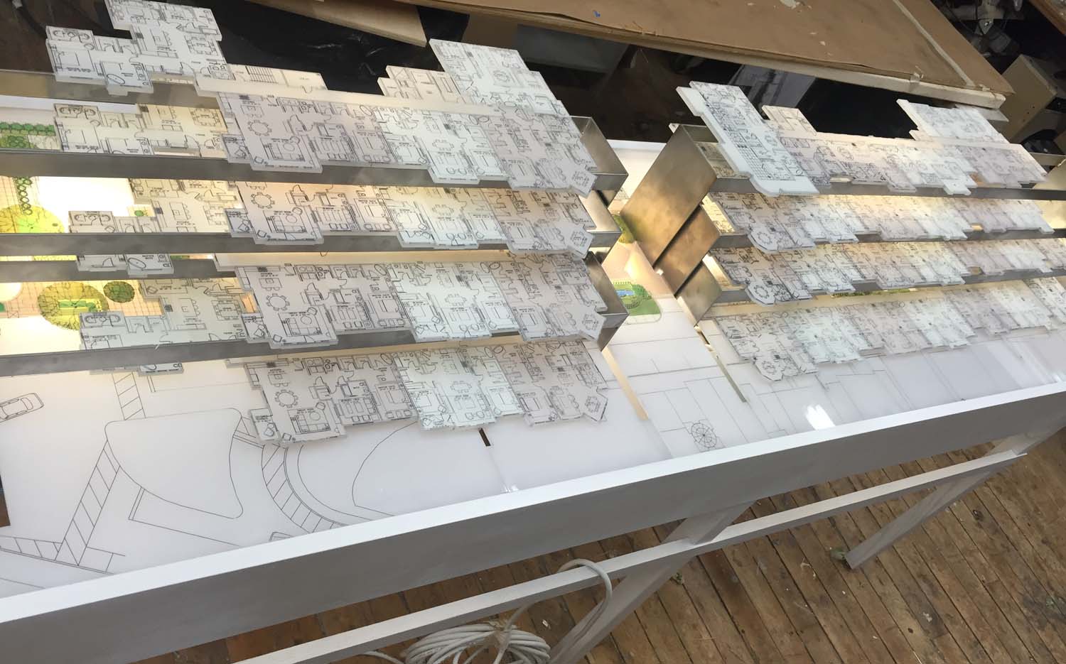 This was a floor plan model for a real estate company. The floors slide forward and back, so you can pick your condo while visualizing where is it in the building.