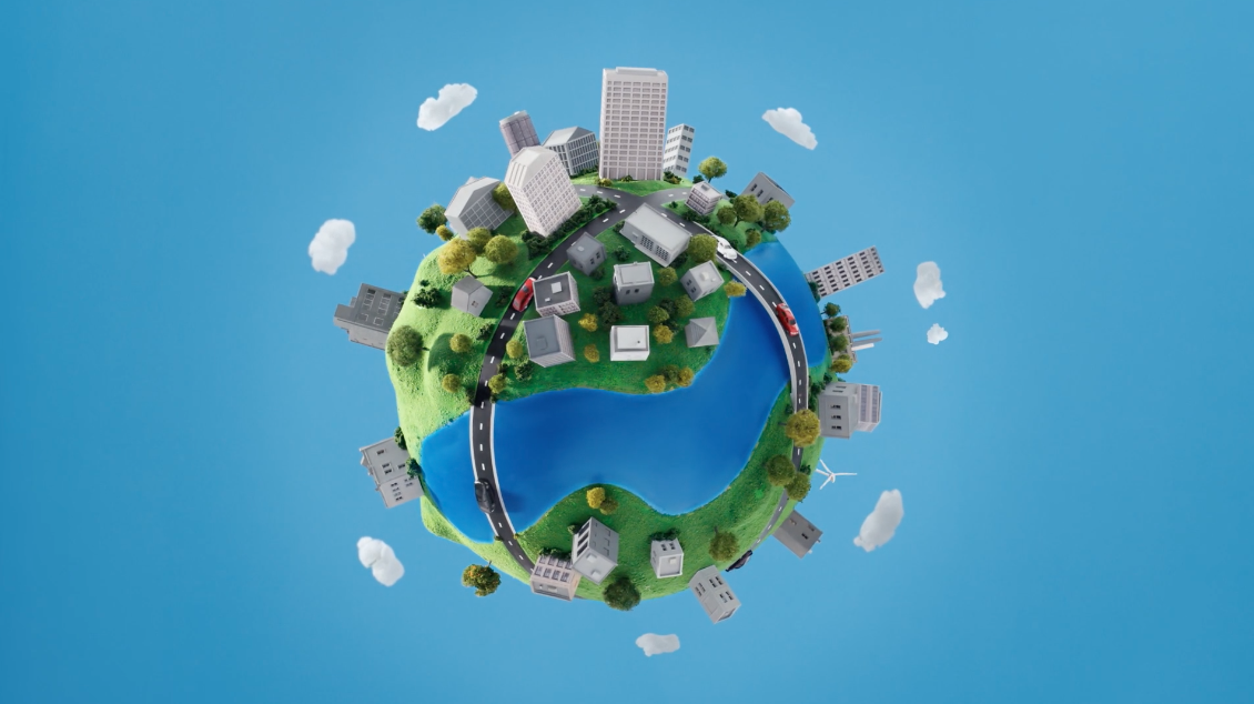 Miniature Earth with Buildings and Clouds
