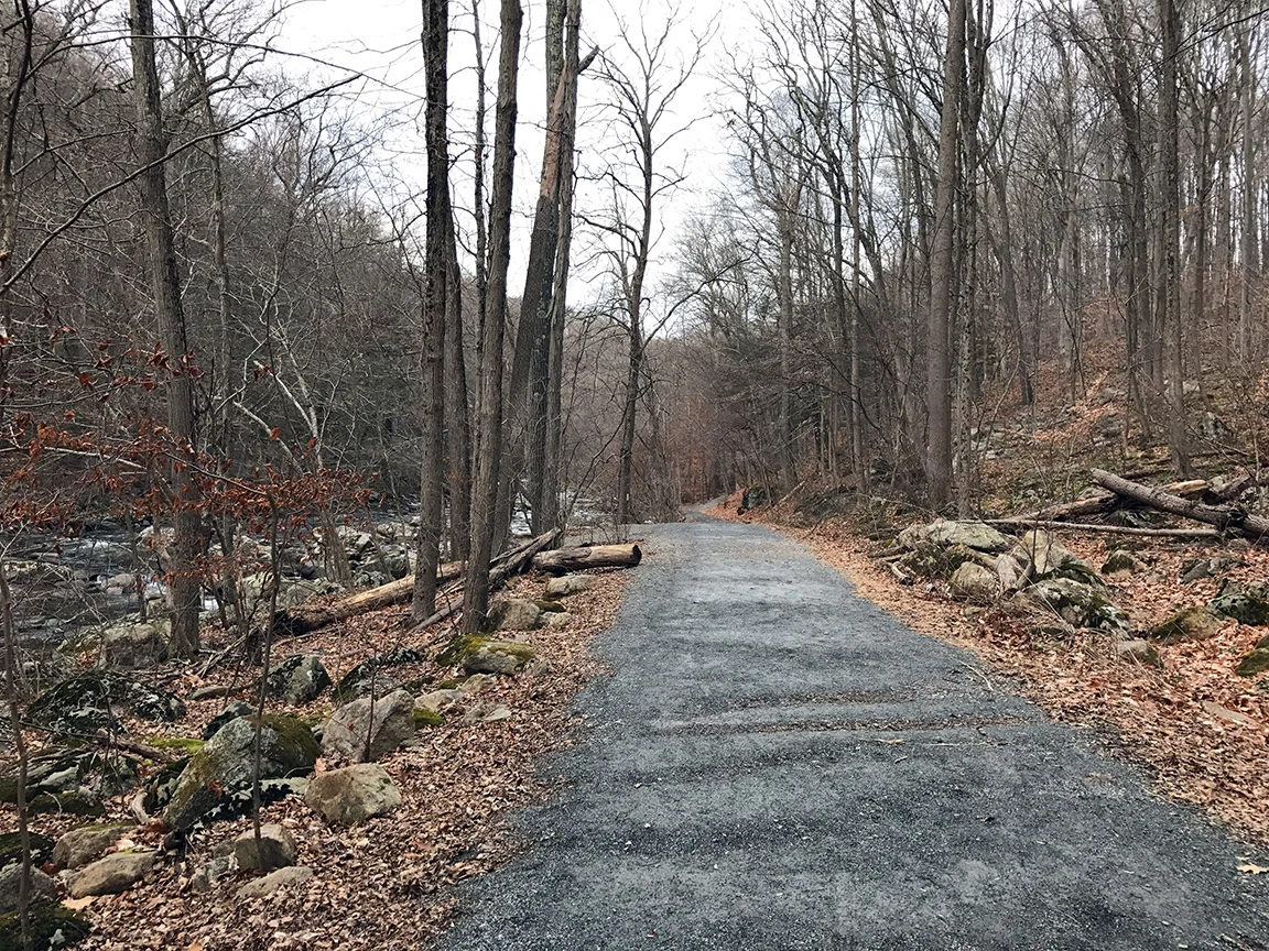The well maintained trail that parallels the Raritan River through the gorge.