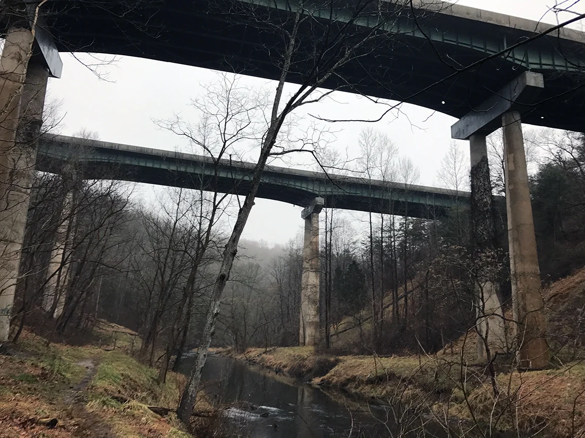 The Rt. 83 bridges ominously rising above the Gunpowder Falls River.