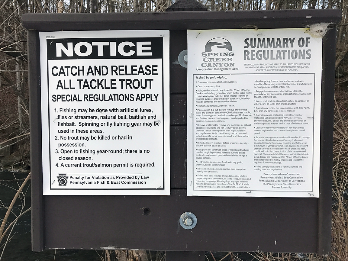 The Catch & Release Sign along the Spring Creek Trail at Fisherman's Paradise.