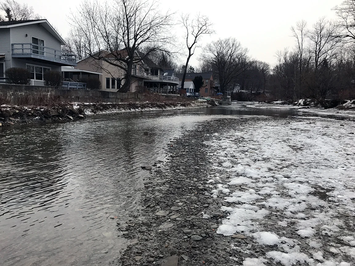Looking upstream at the low water conditions on 16 Mile Creek.