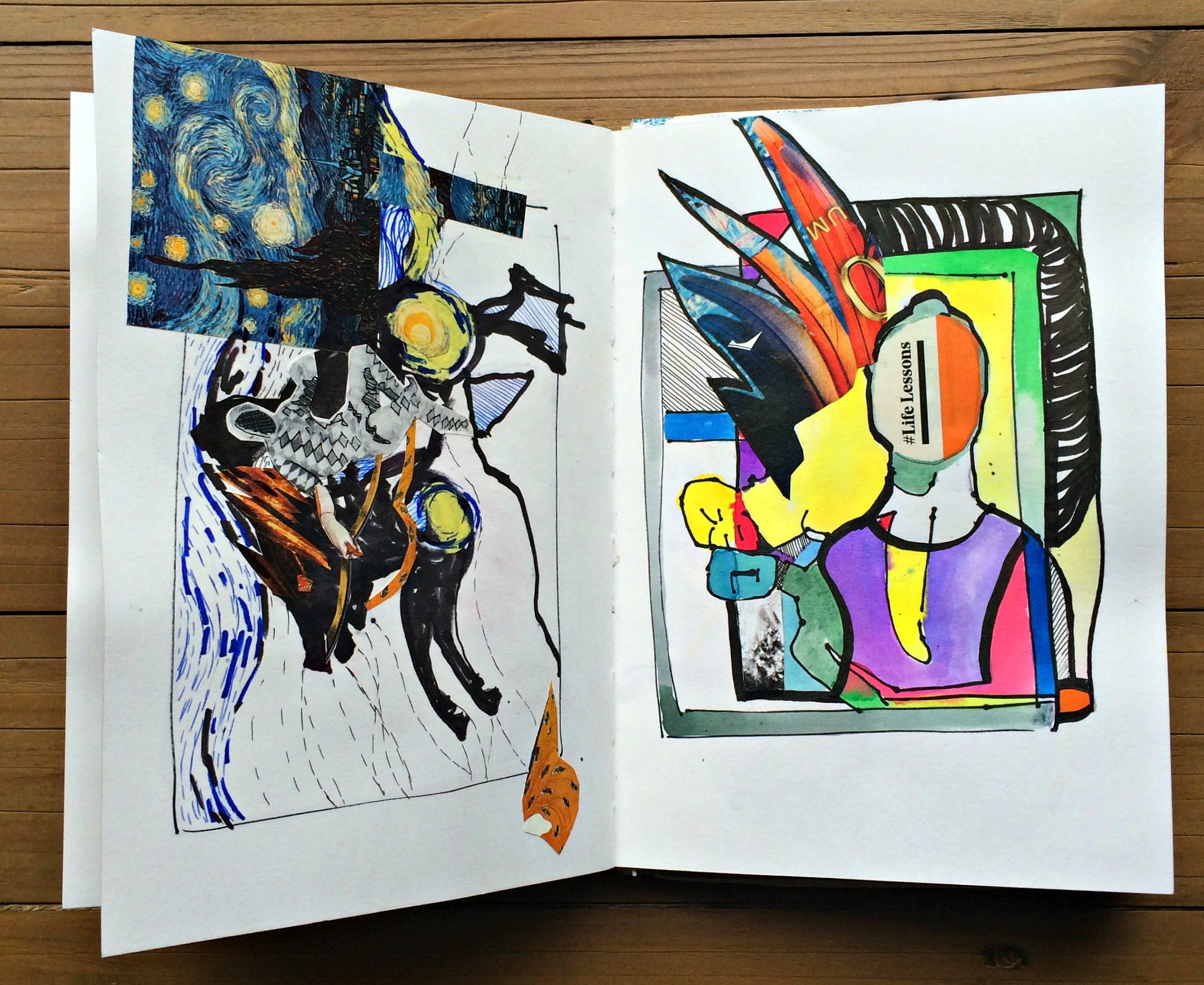 Sketchbook 1: layered sketches collaged & coloured