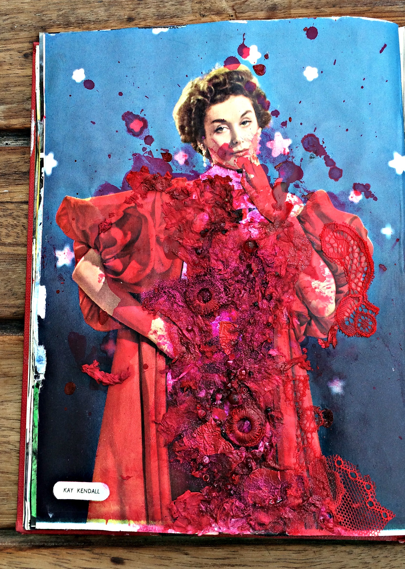 Altered Book (Preview 1955): seed burst in paint, collage, glitter
