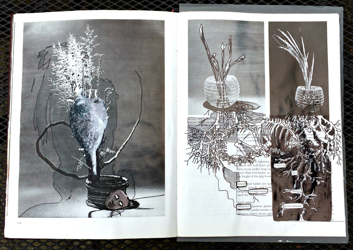 Altered Book (Japanese Flower Arranging): ink, collage, paint