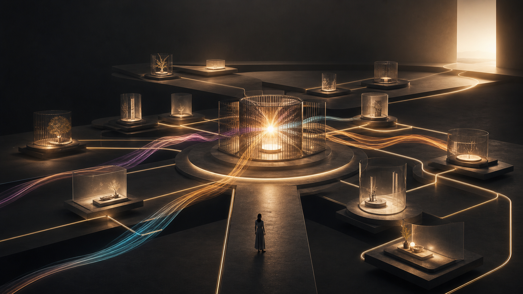 A woman standing in front of a futuristic, illuminated installation with multiple small glass enclosures housing miniature trees, interconnected by glowing lines and light trails, in a dark room with beam of light coming from an opening
