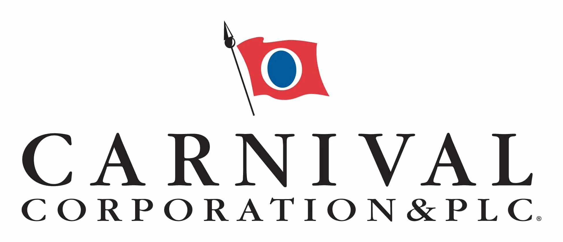 Logo for Carnival Corporation & PLC with a red flag featuring a blue circle and a black and white pennant on a black pole.