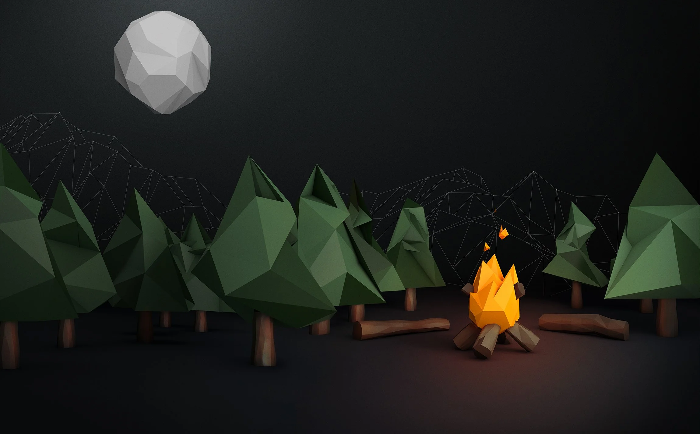 A digital art landscape featuring stylized low-poly green trees, a tall mountain, a campfire with orange flames, and a large white geometric moon in a dark sky with wireframe mountain outlines.