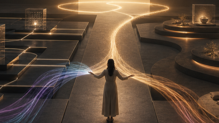 A woman in a dress stands in the center of a modern, futuristic space with glowing light trails swirling around her, creating a dynamic, magical atmosphere. It represents the balance between machine/AI and humans