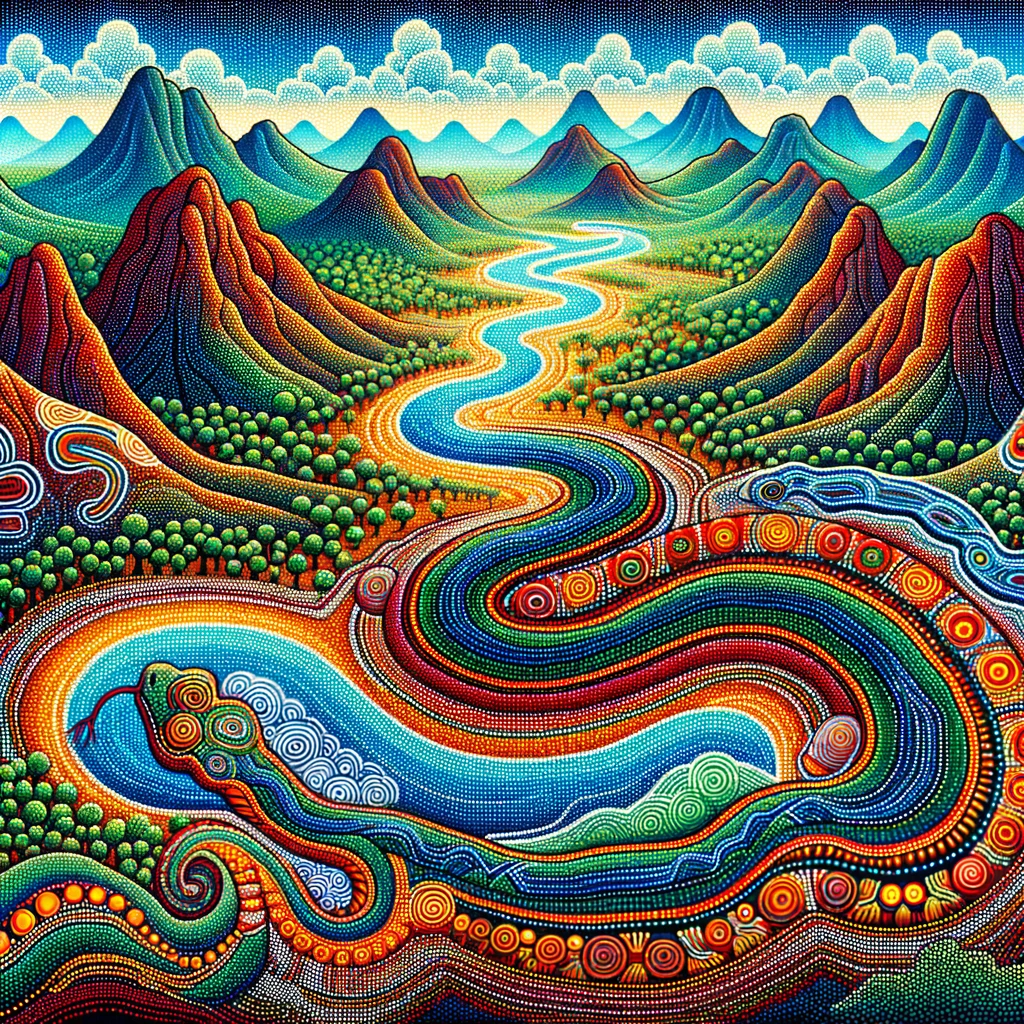 A colorful, abstract painting of a mountain landscape with a winding river, lush trees, and a rainbow-colored snake in the foreground.