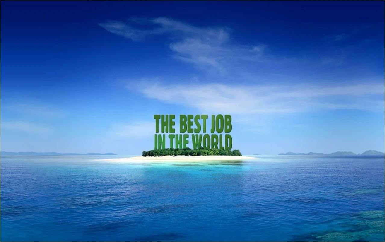Tropical island with blue sky and ocean, text overlay reads 'The Best Job in the World' in green letters.
