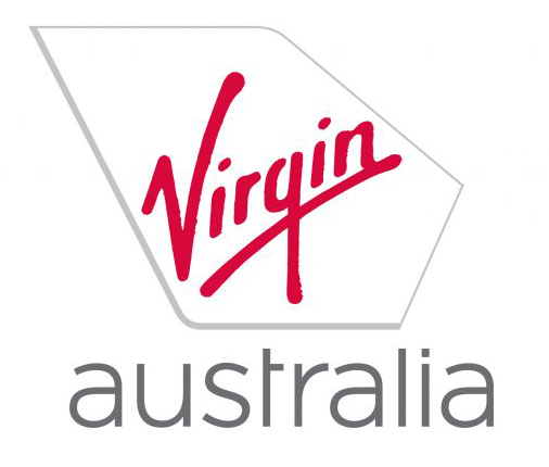 Virgin Australia logo with the name in red script and a gray geometric shape in the background.