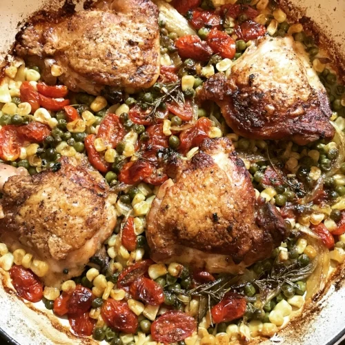One-pan roasted chicken thighs and vegetables fresh out of the oven. Yum, yum! 
