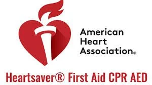 American Heart Association logo with a red heart and torch, with text 'American Heart Association' and 'Hearsaver® First Aid CPR AED' beneath.