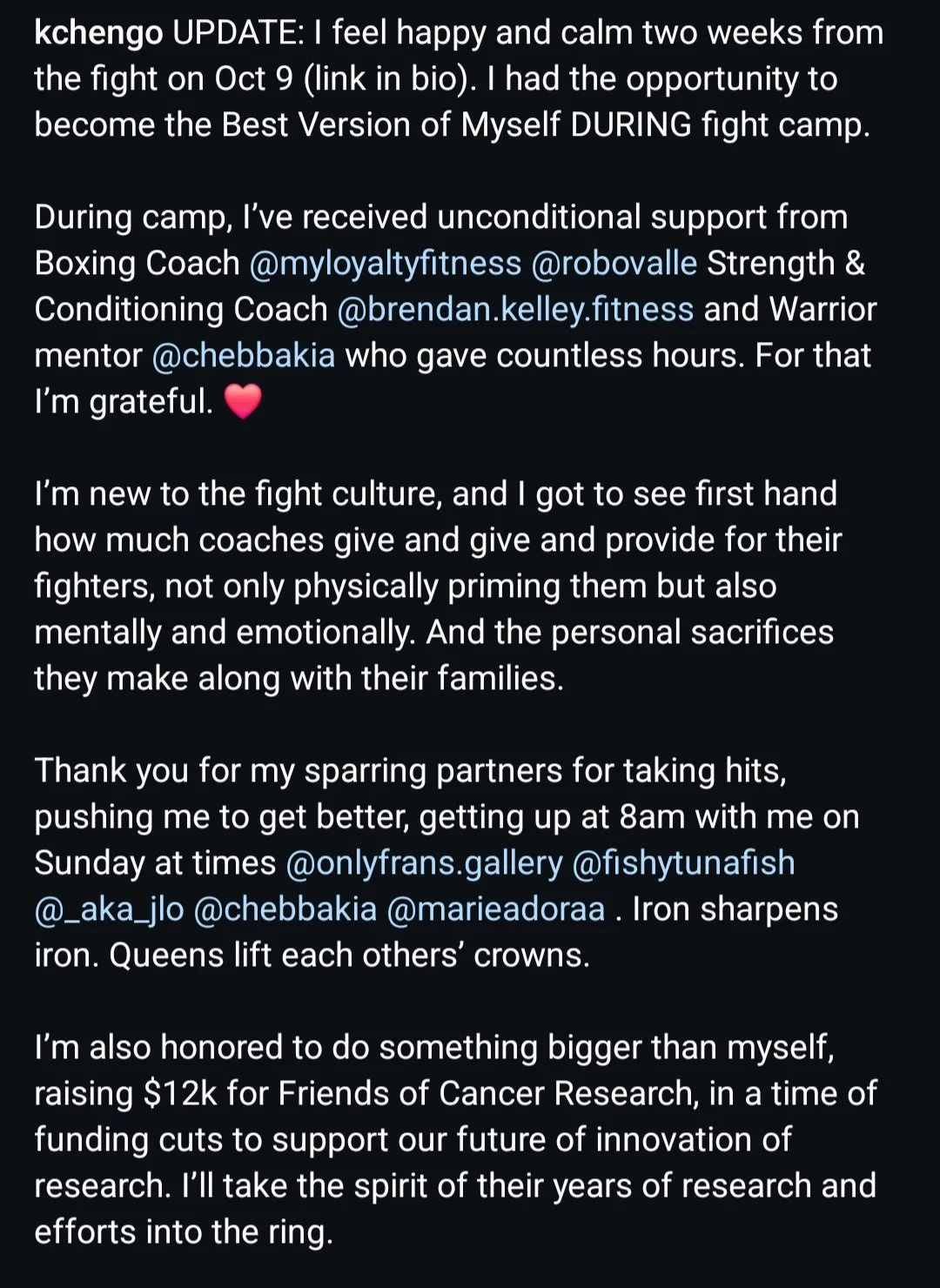 Screenshot of a social media post discussing boxing achievements, gratitude to coaches and mentors, personal growth, and charitable fundraising efforts.