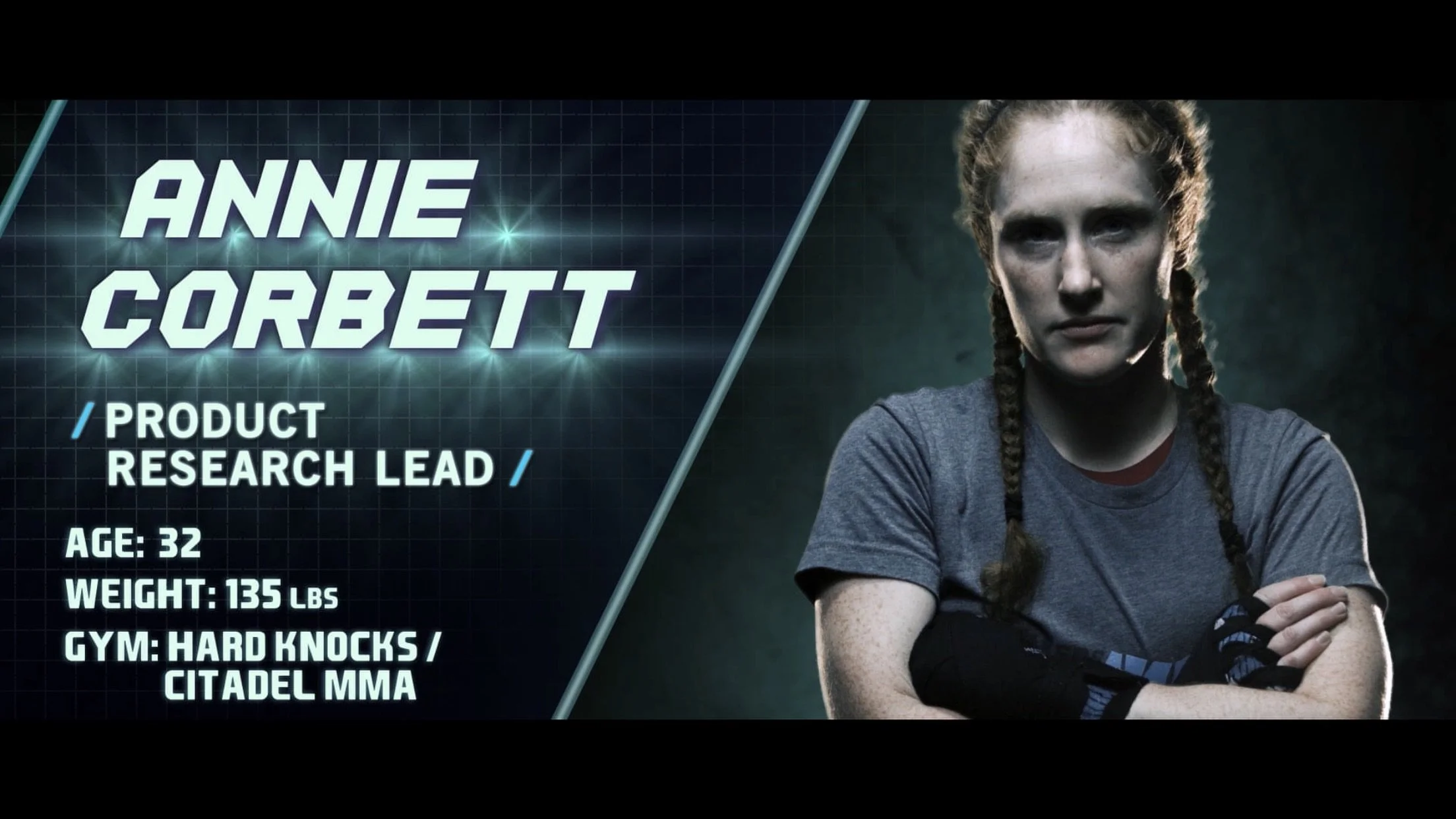 A promotional poster for actress Annie Corbett featuring her name, title as product research lead, age 32, weight 135 pounds, and gym type 'Hard Knocks / Citadel MMA'. The poster includes her portrait with crossed arms, wearing a blue athletic shirt 